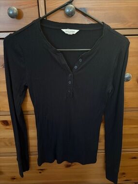 Lucky Brand Black Ribbed Henley Long Sleeve Top